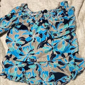 Tommy Floral Blue and Tan Women's two piece set with scallop trim and 3/4 sleeve